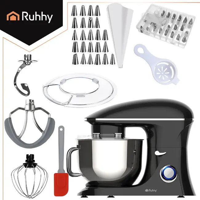 Ruhhy Planetaire keukenmachine 6,2 l zwart met kom, 3 mengstukken, Pulse, spatdeksel en decoratieset voor deeg en beslag thuis