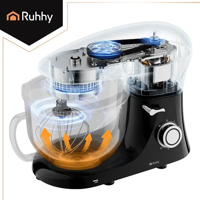 Ruhhy Planetaire keukenmachine 6,2 l zwart met kom, 3 mengstukken, Pulse, spatdeksel en decoratieset voor deeg en beslag thuis