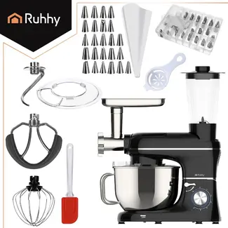 Ruhhy 3-in-1 planetaire keukenmachine 6,2 l zwart met glazen blender 1,5 l, vleesmolen, 6 snelheden, Pulse en accessoires