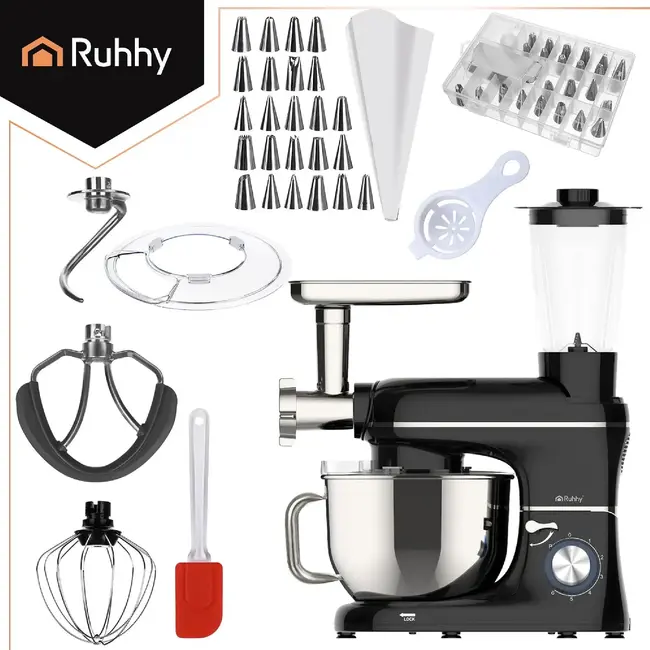 Ruhhy 3-in-1 planetaire keukenmachine 6,2 l zwart met glazen blender 1,5 l, vleesmolen, 6 snelheden, Pulse en accessoires