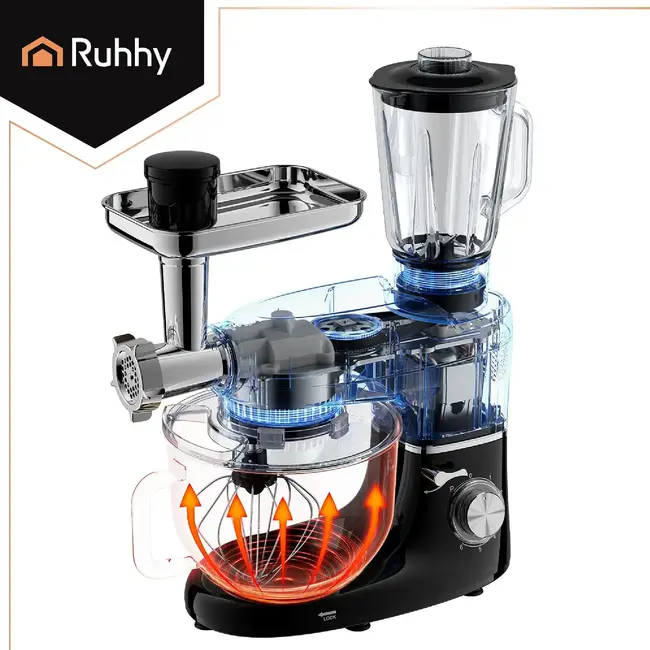 Ruhhy 3-in-1 planetaire keukenmachine 6,2 l zwart met glazen blender 1,5 l, vleesmolen, 6 snelheden, Pulse en accessoires