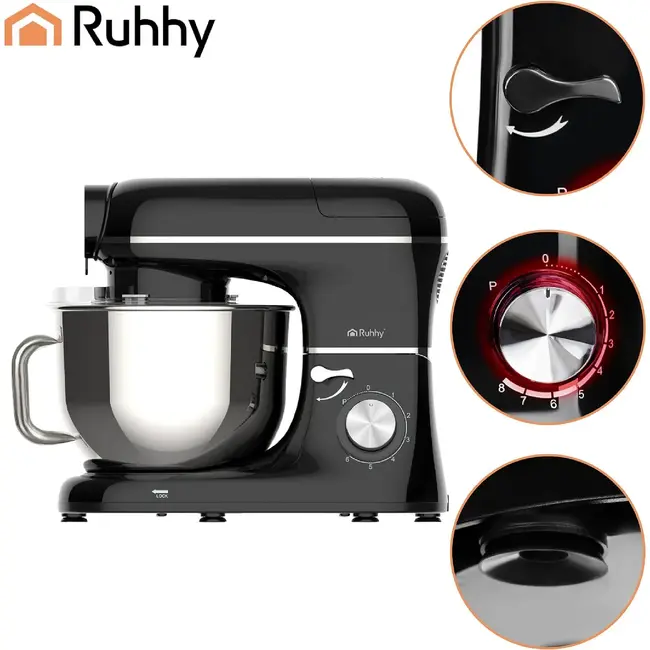 Ruhhy 3-in-1 planetaire keukenmachine 6,2 l zwart met glazen blender 1,5 l, vleesmolen, 6 snelheden, Pulse en accessoires