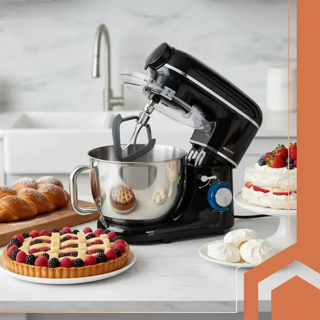 Ruhhy 3-in-1 planetaire keukenmachine 6,2 l zwart met glazen blender 1,5 l, vleesmolen, 6 snelheden, Pulse en accessoires