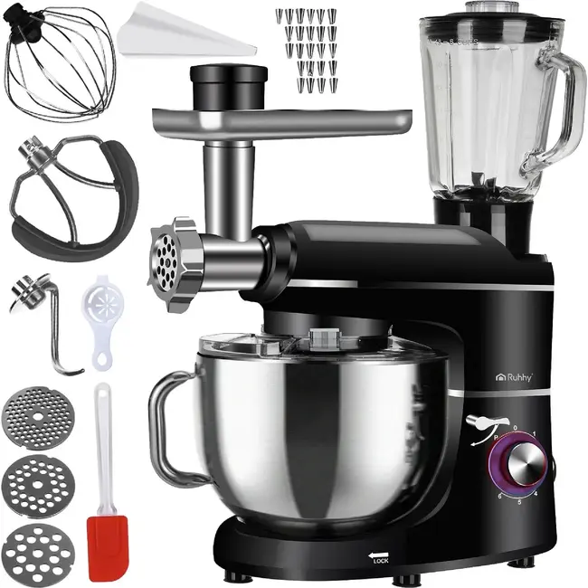 Ruhhy 3-in-1 planetaire keukenmachine 6,2 l zwart met glazen blender 1,5 l, vleesmolen, 6 snelheden, Pulse en accessoires