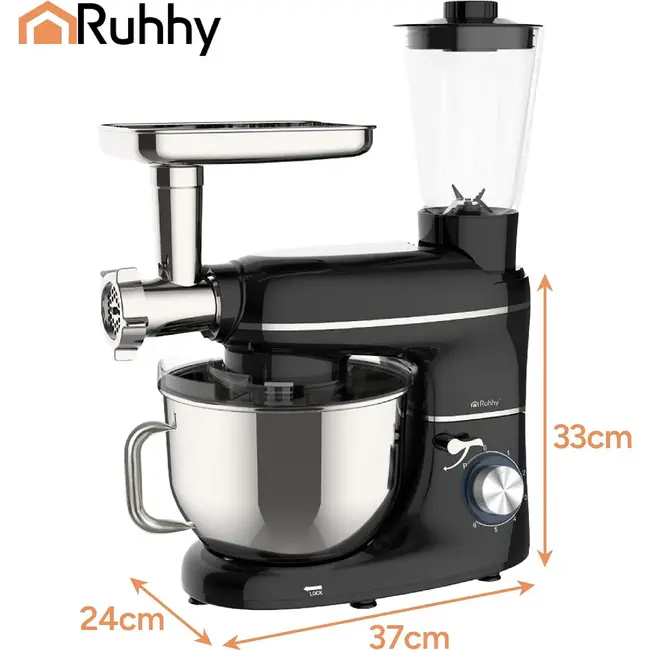 Ruhhy 3-in-1 planetaire keukenmachine 6,2 l zwart met glazen blender 1,5 l, vleesmolen, 6 snelheden, Pulse en accessoires