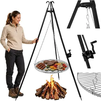 Kaminer Driepoot tuinbarbecue 190 cm met roestvrijstalen rooster van 70 cm, ketting en zwengelmechanisme