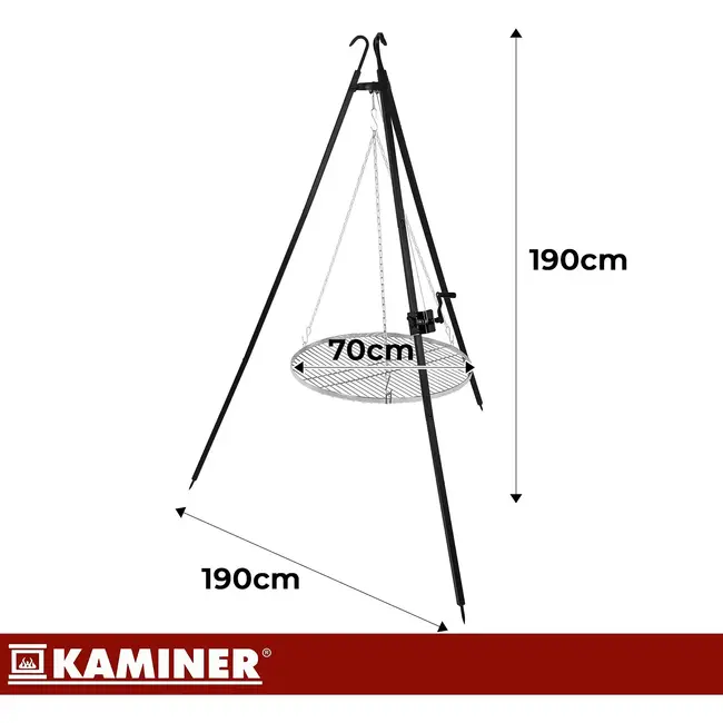 Kaminer Driepoot tuinbarbecue 190 cm met roestvrijstalen rooster van 70 cm, ketting en zwengelmechanisme