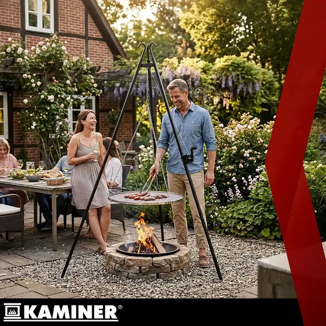 Kaminer Driepoot tuinbarbecue 190 cm met roestvrijstalen rooster van 70 cm, ketting en zwengelmechanisme