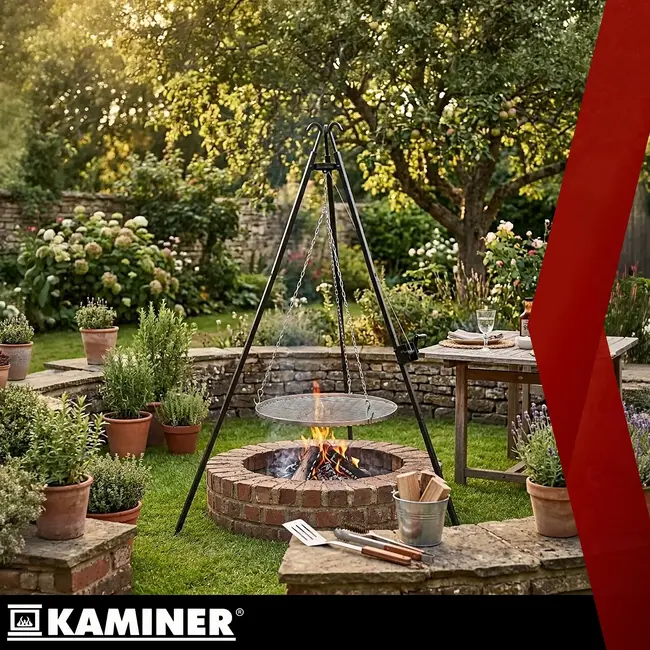 Kaminer Driepoot tuinbarbecue 190 cm met roestvrijstalen rooster van 70 cm, ketting en zwengelmechanisme