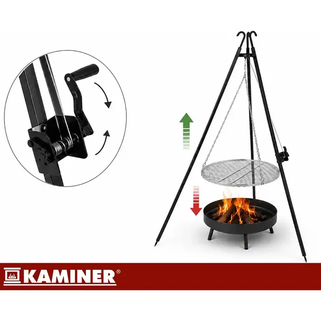 Kaminer Driepoot tuinbarbecue 190 cm met roestvrijstalen rooster van 70 cm, ketting en zwengelmechanisme