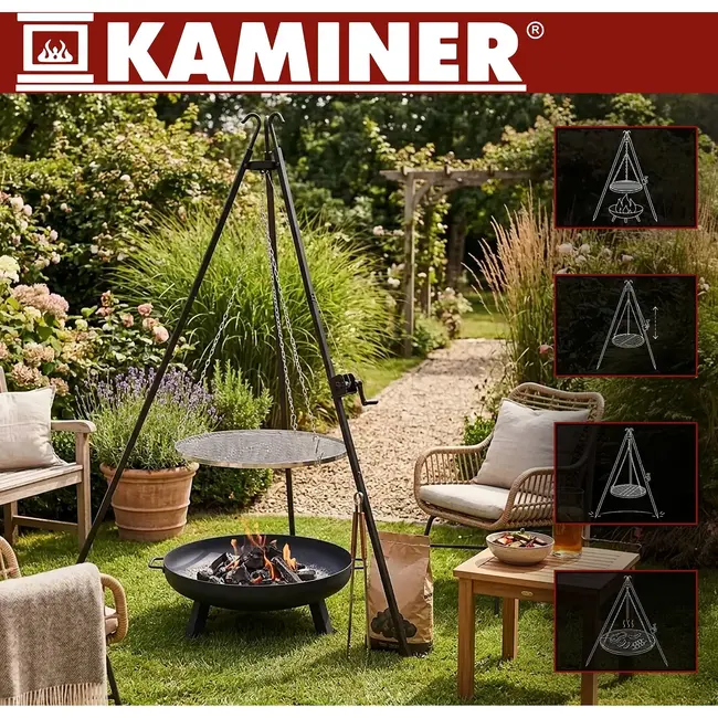 Kaminer Driepoot tuinbarbecue 190 cm met roestvrijstalen rooster van 70 cm, ketting en zwengelmechanisme