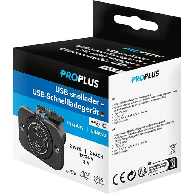 ProPlus Snellader Type C - Inbouw - 12/24V - 3A - Eenvoudige Installatie