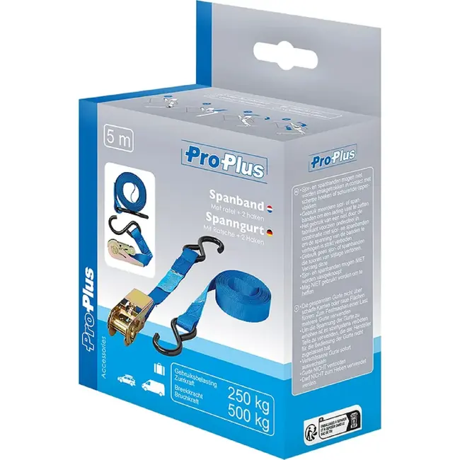 ProPlus Spanband met ratel - 5 meter - 25 mm breed - Inclusief 2 haken - Blauw