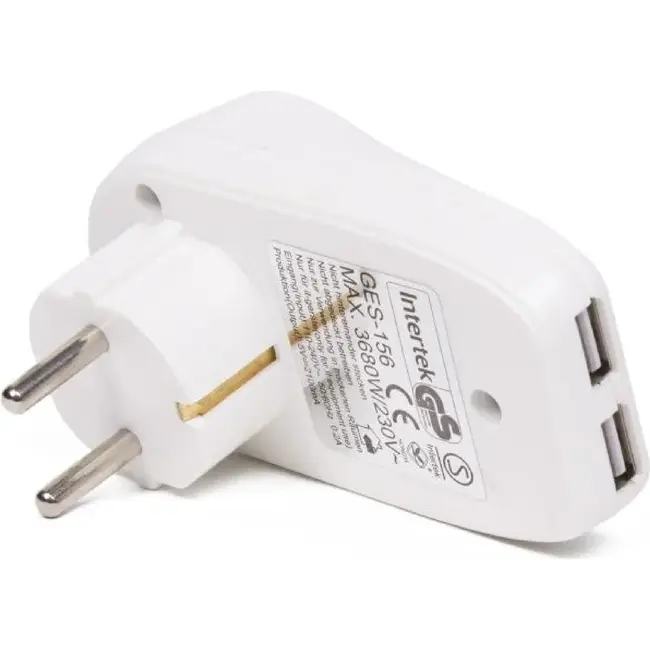 Benson Tussenstekker met dubbele USB lader - extra stopcontact - wit - 10 cm