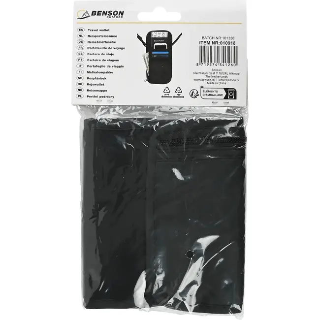 Benson Reisportemonnee - Halsportemonnee - Zwart - Compact - Verstelbare riem - 17 × 14 cm