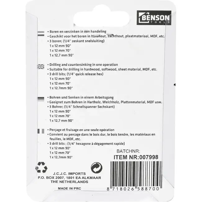 Benson Verzinkboorset - 3-delig - 12, 16, 19 mm - Voor hout en plaatmateriaal