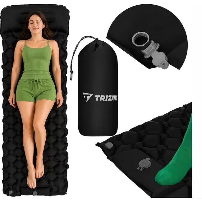 Malatec Zelfopblaasbaar eenpersoons luchtmatras 190 x 60 cm met voetpomp en opberghoes voor kamperen en trekking