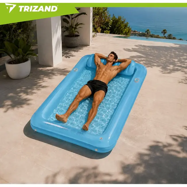 Trizand Opblaasbare Luchtmatras 210 x 140 cm Blauw met Hoofdkussen, 2 Bekerhouders en Draagvermogen tot 150 kg