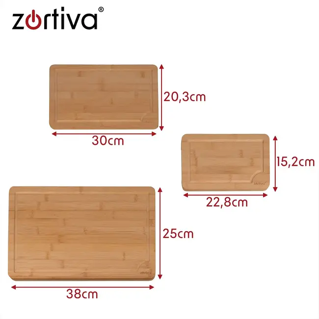Zortiva Bamboe Snijplanken Set 3 Stuks met Ophangopening voor Keuken, Snijwerk en Presentatie van Gerechten
