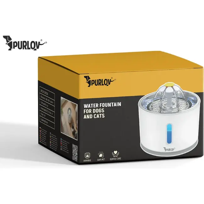 Purlov Drinkfontein voor Hond en Kat 2 l met Filtersysteem, Watercirculatie en USB Voeding voor Vers Drinkwater