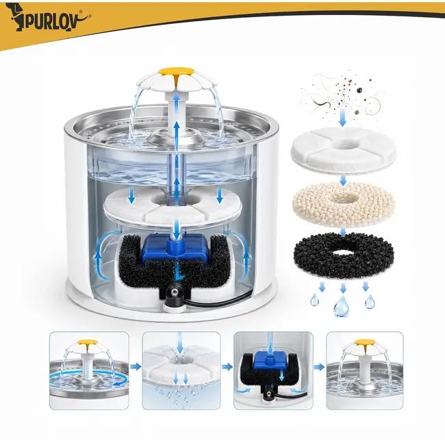 Purlov Drinkfontein voor Hond en Kat 2 l met Filtersysteem, Watercirculatie en USB Voeding voor Vers Drinkwater