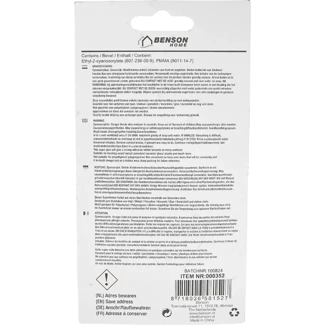 Benson Secondelijm - Oplosmiddelvrij - 10 gram - 2 stuks - Nauwkeurige dosering