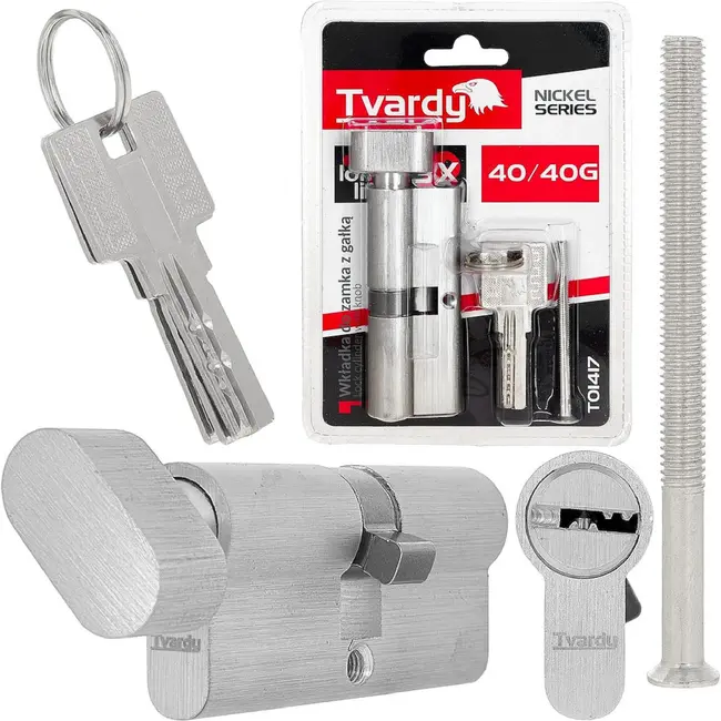 Tvardy Knopcilinder 40/40G mm met 3 sleutels en bevestigingsschroef voor deuren