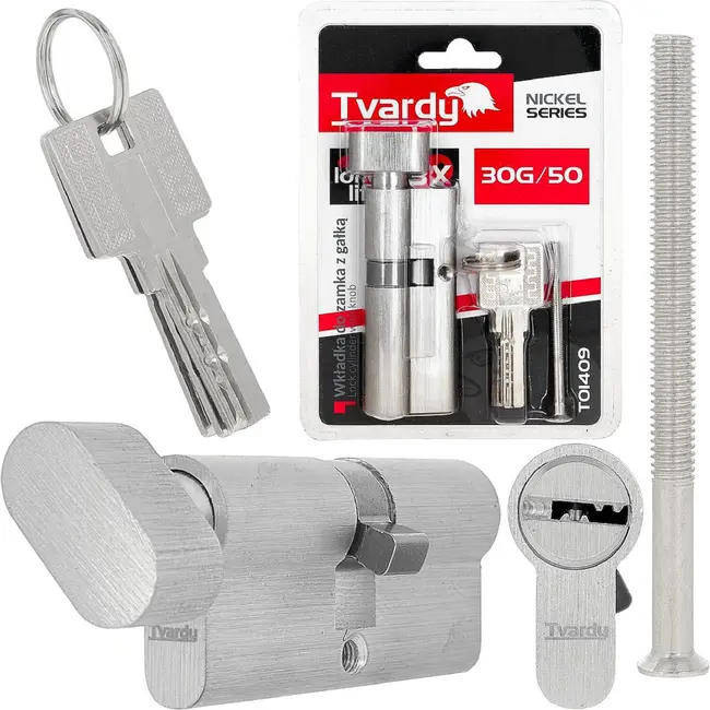 Tvardy Knopcilinder 30G/50 mm met 3 sleutels en bevestigingsschroef voor deuren