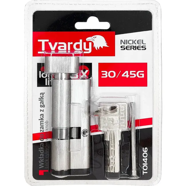 Tvardy Knopcilinder 30/45G mm met 3 sleutels en bevestigingsschroef voor deuren