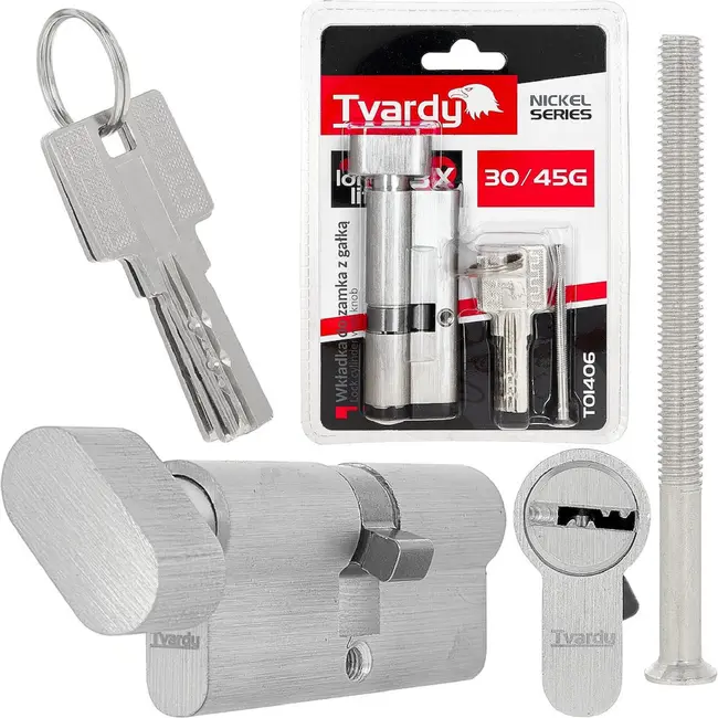 Tvardy Knopcilinder 30/45G mm met 3 sleutels en bevestigingsschroef voor deuren