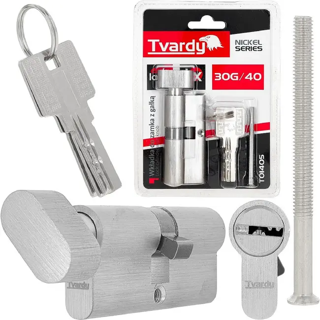 Tvardy Knopcilinder 30G/40 mm met 3 sleutels en bevestigingsschroef voor deuren