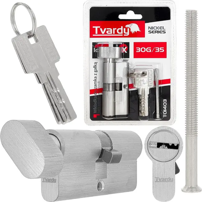 Tvardy Knopcilinder 30G/35 mm met 3 sleutels en bevestigingsschroef voor deuren
