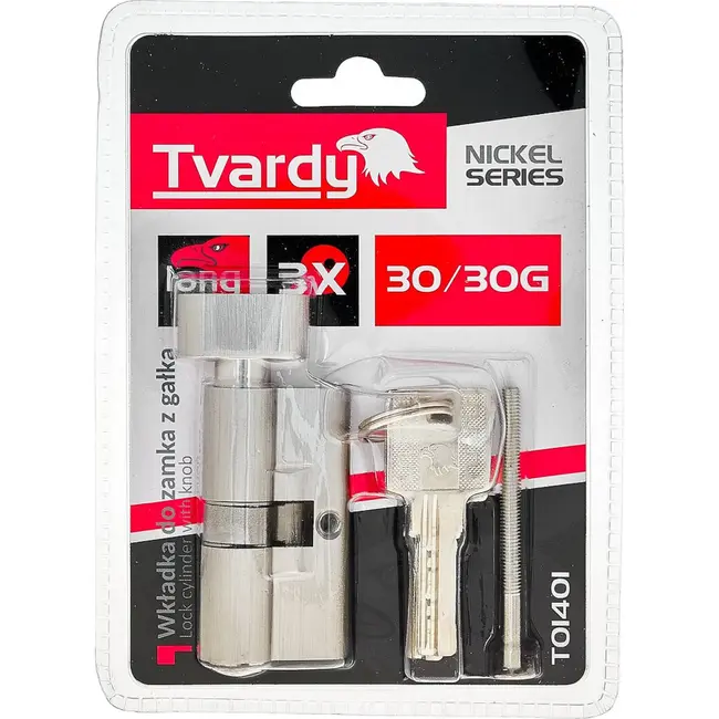 Tvardy Knopcilinder 30/30G mm met 3 sleutels en bevestigingsschroef voor deuren