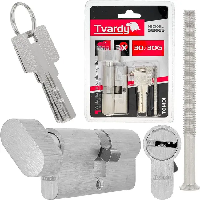 Tvardy Knopcilinder 30/30G mm met 3 sleutels en bevestigingsschroef voor deuren