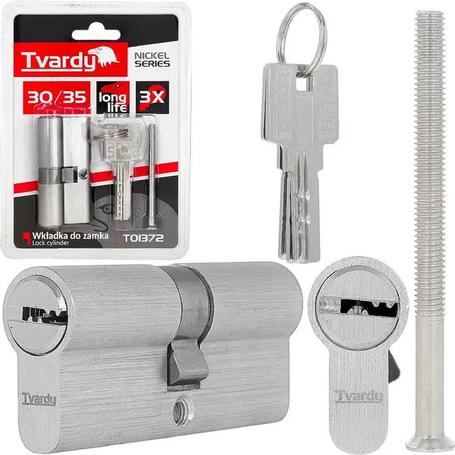 Tvardy Knopcilinder 30/35 in geborsteld nikkel voor binnen- en buitendeuren met schroef