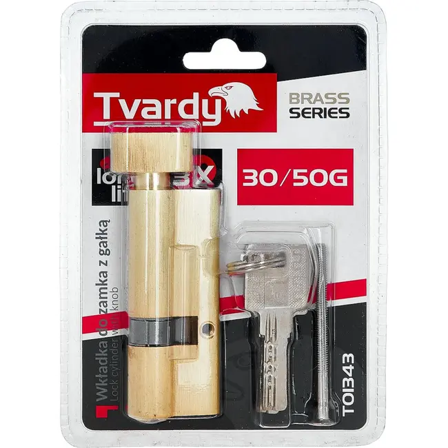 Tvardy Cilinderslot 30/50 mm in geborsteld messing met draaiknop, 3 sleutels en montageschroef