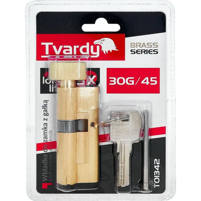 Tvardy Cilinderslot 30G/45 mm in geborsteld messing met draaiknop en montageschroef