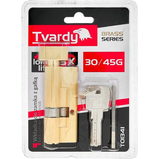 Tvardy Cilinderslot 30/45G mm in geborsteld messing met draaiknop en montageschroef