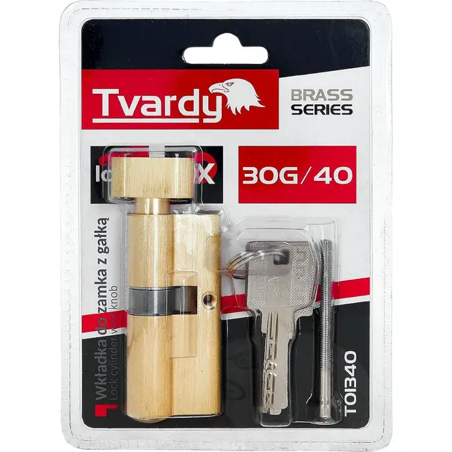 Tvardy Cilinderslot 30G/40 mm in geborsteld messing met draaiknop en montageschroef