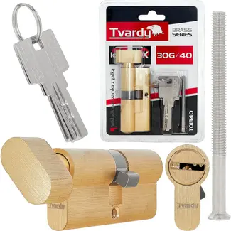 Tvardy Cilinderslot 30G/40 mm in geborsteld messing met draaiknop en montageschroef