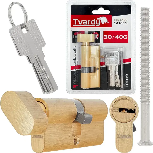 Tvardy Cilinderslot 30/40G mm in geborsteld messing met draaiknop en montageschroef