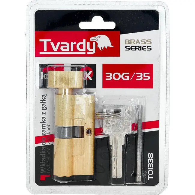 Tvardy Cilinderslot 30G/35 mm in geborsteld messing met draaiknop en montageschroef