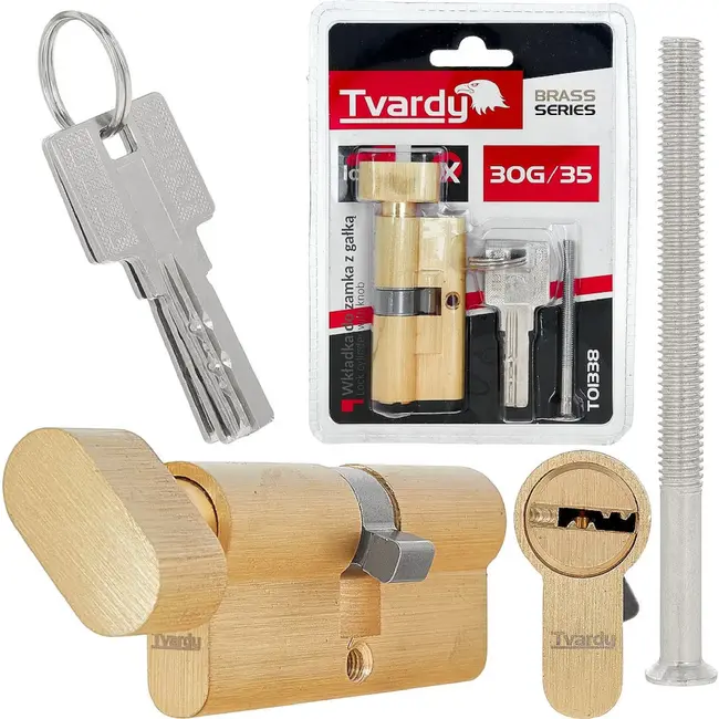 Tvardy Cilinderslot 30G/35 mm in geborsteld messing met draaiknop en montageschroef