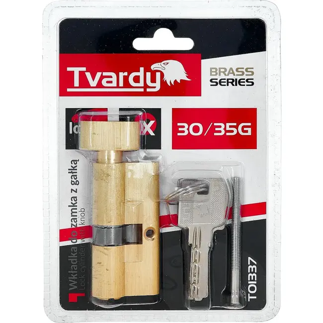 Tvardy Cilinderslot 30/35G mm in geborsteld messing met draaiknop en montageschroef