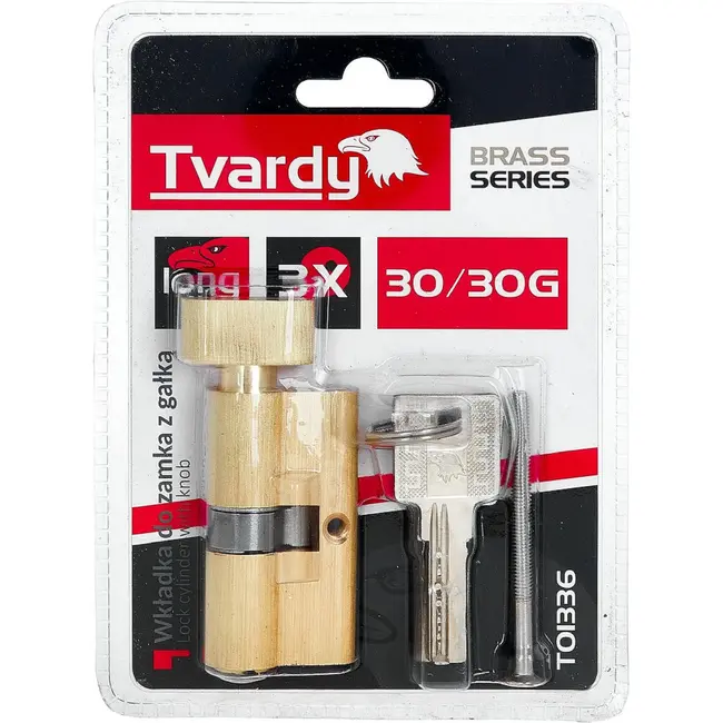Tvardy Cilinderslot 30/30G mm in geborsteld messing met draaiknop en montageschroef