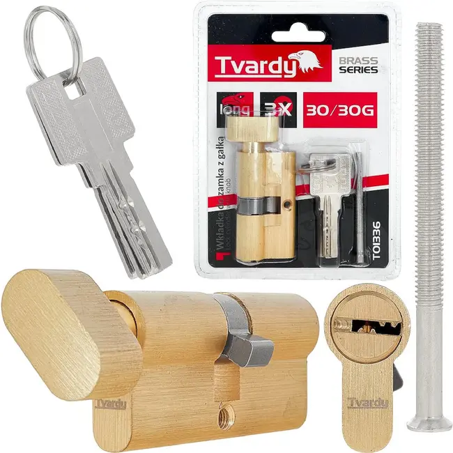 Tvardy Cilinderslot 30/30G mm in geborsteld messing met draaiknop en montageschroef