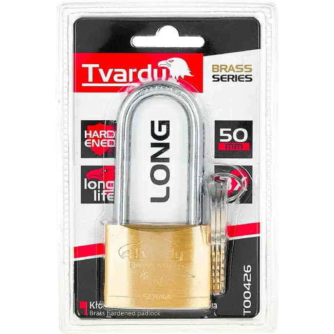 Tvardy Messing hangslot 50 mm met lange beugel en 3 sleutels voor poorten en lockers