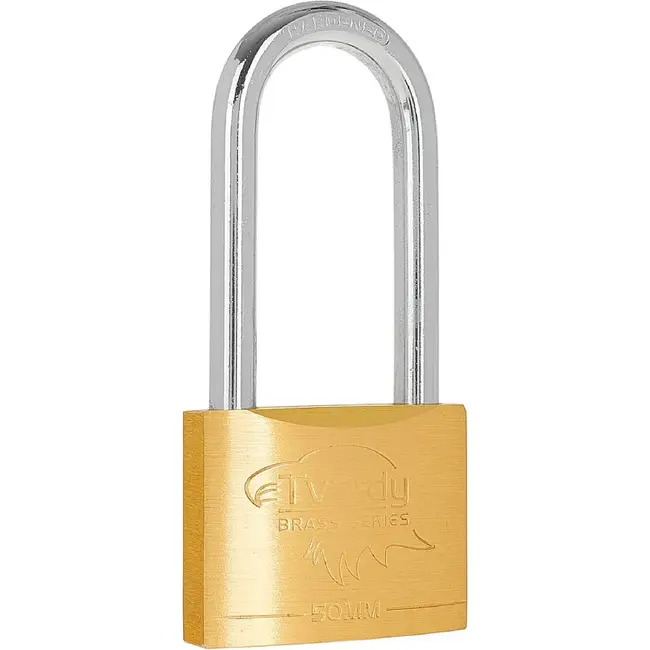 Tvardy Messing hangslot 50 mm met lange beugel en 3 sleutels voor poorten en lockers