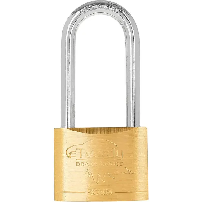 Tvardy Messing hangslot 50 mm met lange beugel en 3 sleutels voor poorten en lockers