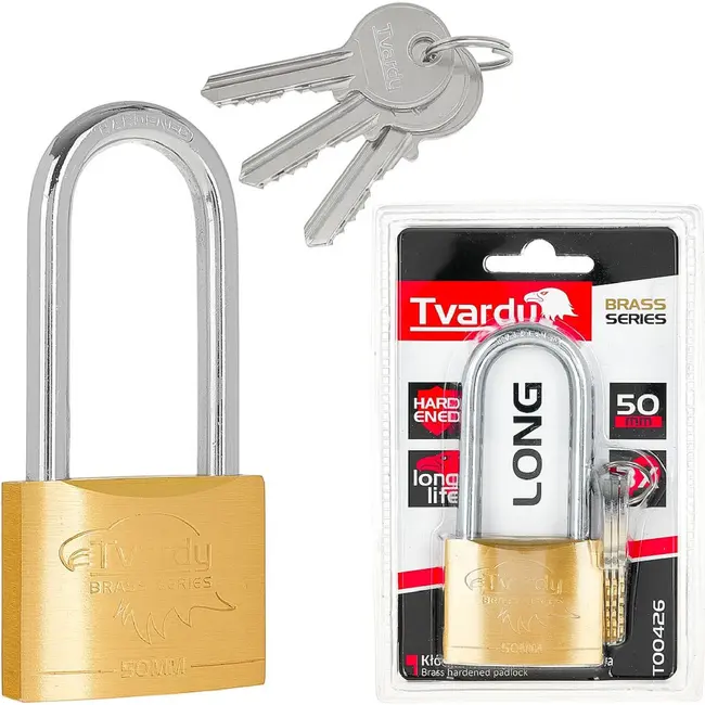 Tvardy Messing hangslot 50 mm met lange beugel en 3 sleutels voor poorten en lockers